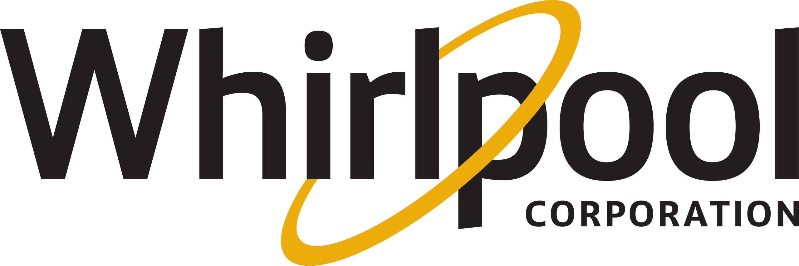 The image shows the Whirlpool Corporation logo, featuring the word "Whirlpool" in bold black letters, with a yellow swirl encircling the last four letters. The word "Corporation" appears smaller beneath on the right.